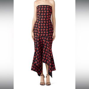 SOLACE LONDON Dorado black red half moon geometric strapless mermaid dress